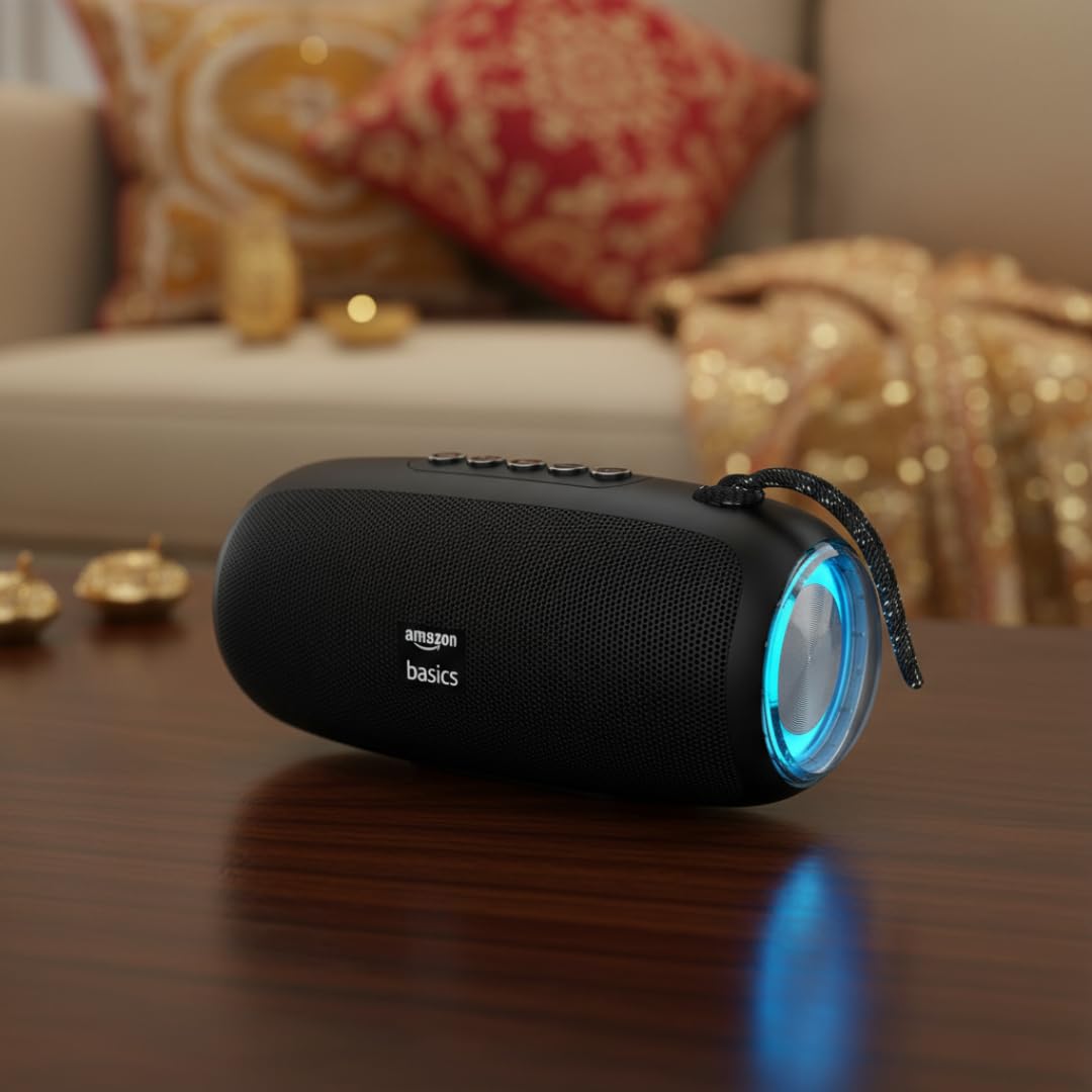 amazon basics B10 10W RMS Bluetooth Speaker with 2000 mAh Battery | Up to 8 hrs of Playback | RGB | Bluetooth 5.3, AUX in, USB & Micro SD Card Connectivity | Type-C Charging (Black)