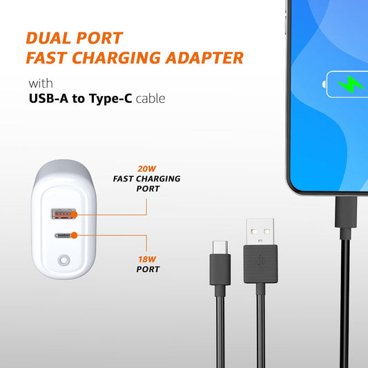 Amazon Basics 38W Dual Port Charger + Active Type A to Type C Cable | Fast Charging 20W+ 18W/Type A +C Adapter (White) with Fast Charging Cable Included | Compatible with Samsung, Oppo, Redmi Phones