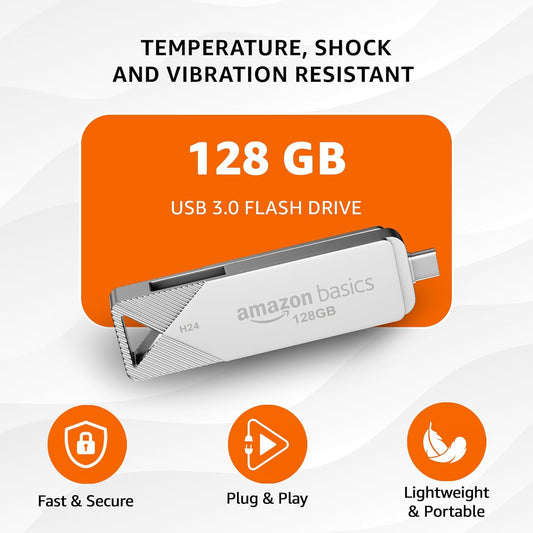 Amazon Basics 128GB OTG USB Flash Drive | 80+ Mbps Read Speed | Dual Interface Type-C & USB | High-Speed Data Transfer (Metal)