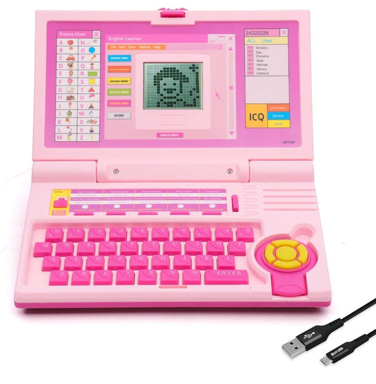 Gooyo GY-1105P Plug & Play English Learner Educational Laptop Toy with 20 Learning & Playing Activities | Pink Color, Dual Power Supply Source: Micro
